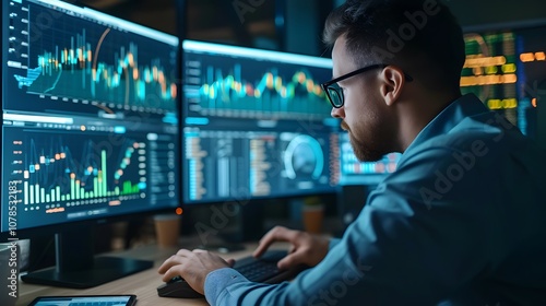 Technology finance landscape showing an analyst using computer and dashboarddriven data analysis AI generated illustration photo