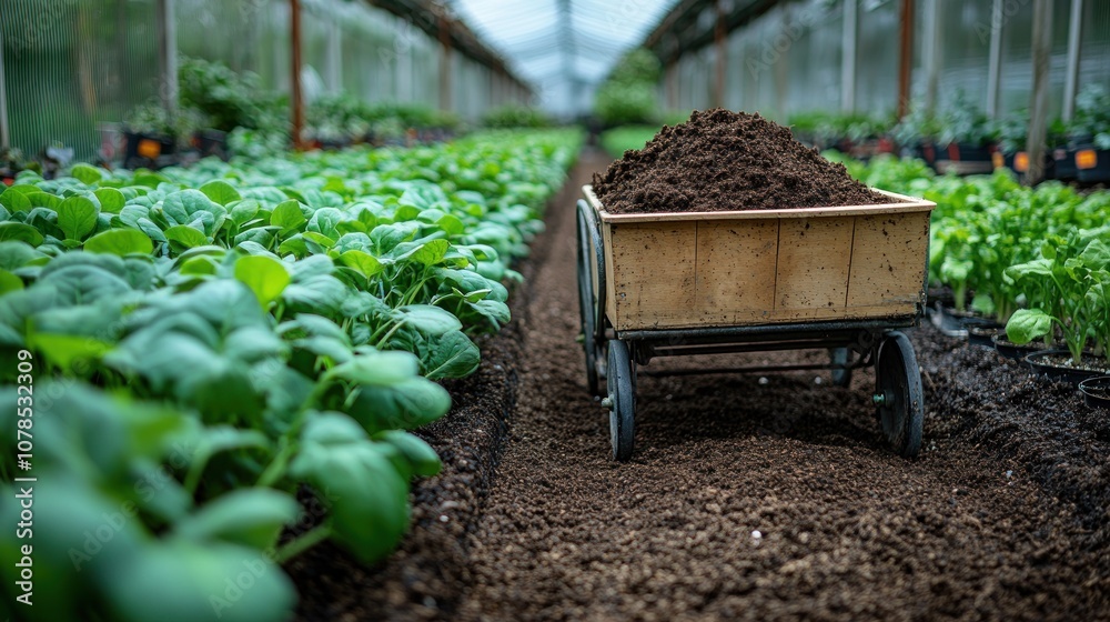 Wheelbarrow filled with soil in a greenhouse surrounded by plants. Wheelbarrow filled with soil in a greenhouse surrounded by plants.