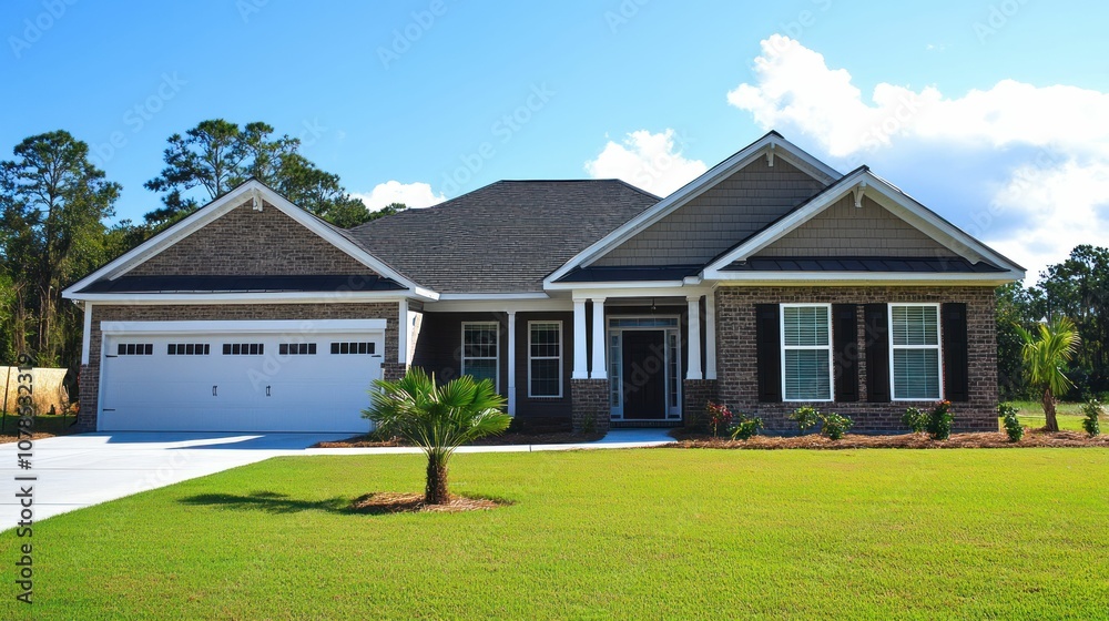 A modern, single-story house with a brick exterior, a palm tree in the front yard, a driveway, and a green lawn. A modern, single-story house with a brick exterior, a palm tree in the front yard, a driveway, and a green lawn.