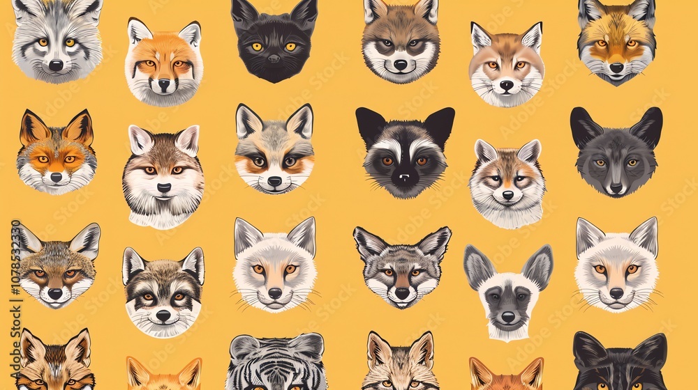 A seamless pattern of various fox species on a yellow background. A seamless pattern of various fox species on a yellow background.
