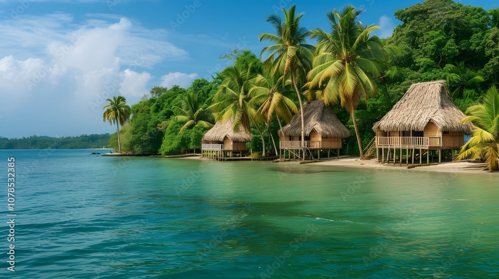 Thatched roof huts on a tranquil island AI generated illustration Thatched roof huts on a tranquil island AI generated illustration