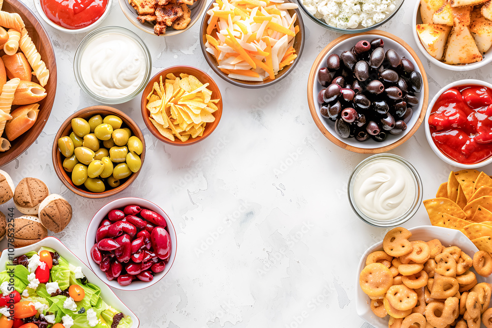 Superbowl Sunday snacks on light background, copy space, topp view Superbowl Sunday snacks on light background, copy space, topp view