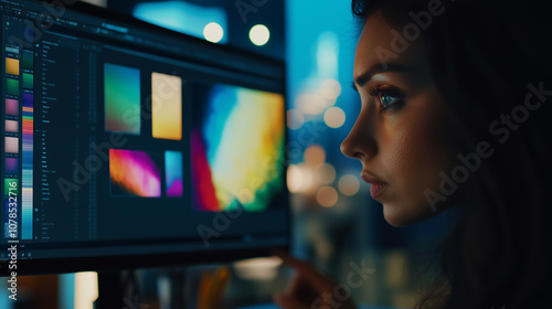 The image shows a person working on a computer with a graphic design software open, displaying various colorful gradients and abstract designs. The setting appears to be a modern, well-lit workspace.
 photo