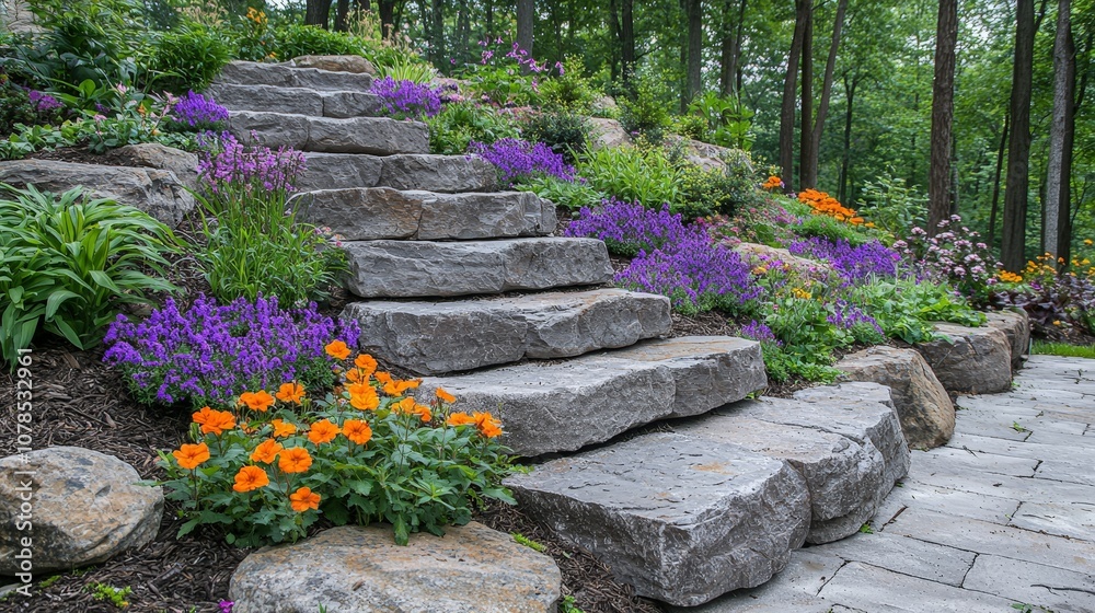 A serene stone staircase surrounded by vibrant flowers in a lush green landscape. A serene stone staircase surrounded by vibrant flowers in a lush green landscape.