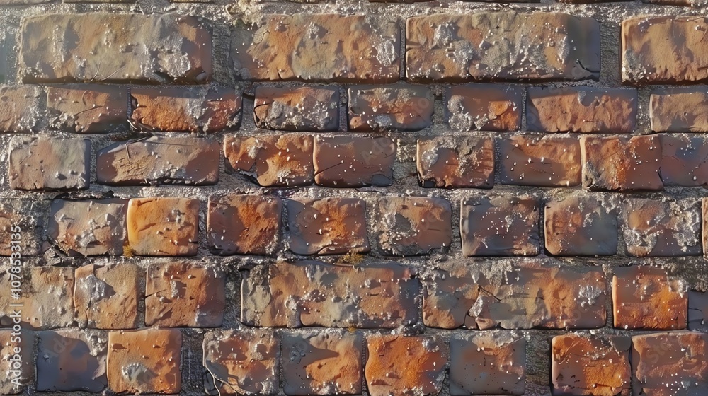 A close up of a brick wall covered in white salt deposits. A close up of a brick wall covered in white salt deposits.