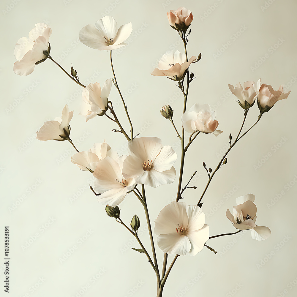 Delicate white flowers with soft petals and green stems on light background evoke serene and calming atmosphere, perfect for any floral arrangement or decor Delicate white flowers with soft petals and green stems on light background evoke serene and calming atmosphere, perfect for any floral arrangement or decor