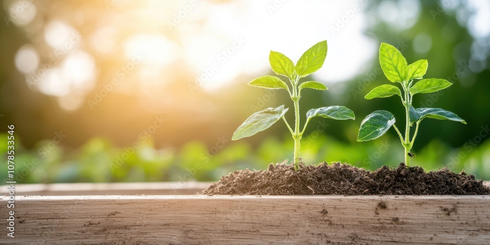 Two young green seedlings sprout from rich soil under warm sunlight. Two young green seedlings sprout from rich soil under warm sunlight.
