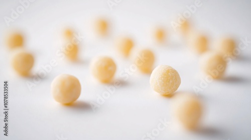 A collection of small, round, and textured yellow balls on a white surface. The image evokes a sense of sweetness and delicacy, hinting at a candy or treat.