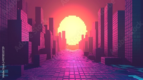 Surreal Sunset Over Pixelated Cityscape in Vibrant Colors with Block Structures Illuminated by a Glowing Orb, Evoking Retro Futurism and Digital Art Vibes