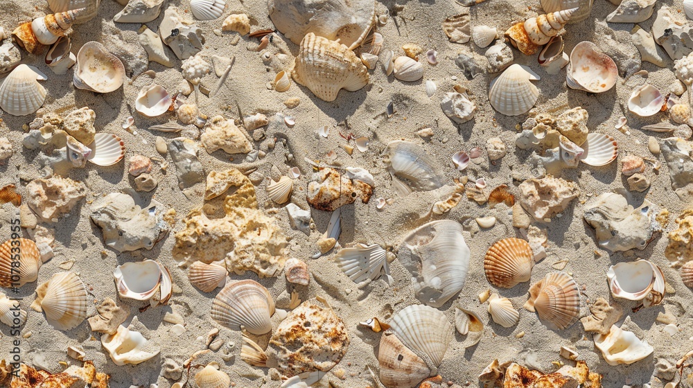 A close-up of various seashells scattered on sand. A close-up of various seashells scattered on sand.