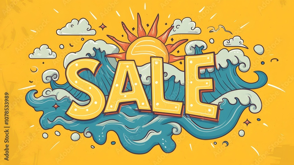 Fototapeta premium The word SALE designed with a summer theme including sun and waves AI generated illustration