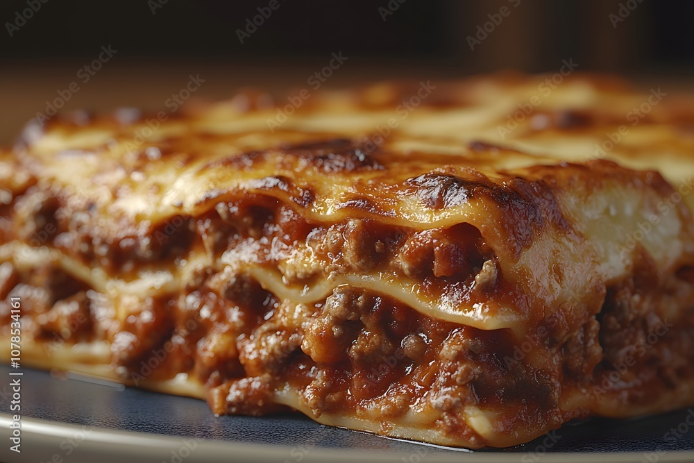 A close-up of a delicious, layered lasagna with meat sauce and melted cheese. A close-up of a delicious, layered lasagna with meat sauce and melted cheese.