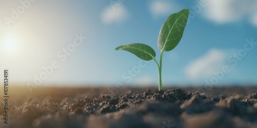 A young green sprout emerging from dark soil under a bright blue sky.