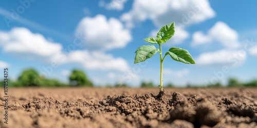 A young sprout emerging from fertile soil under a clear blue sky.