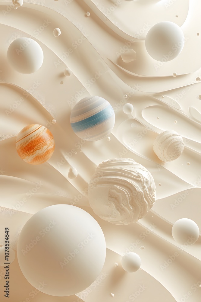 Tiny planets over a creamy abstract spacethemed background in D AI generated illustration Tiny planets over a creamy abstract spacethemed background in D AI generated illustration