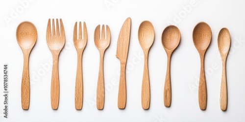 Assorted wooden utensils beautifully arranged on a clean white background.