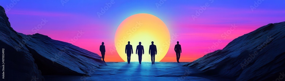 Silhouettes of people walking towards a bright, futuristic portal symbolizing new goals Silhouettes of people walking towards a bright, futuristic portal symbolizing new goals