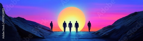 Silhouettes of people walking towards a bright, futuristic portal symbolizing new goals