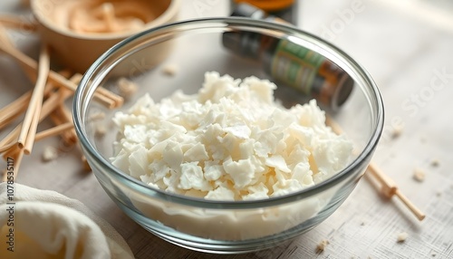 A clear bowl of organic soy wax for candle making.