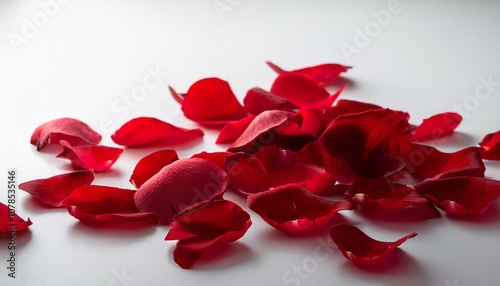 loose red rose petals scattered on white surface with intentional overexposure photo