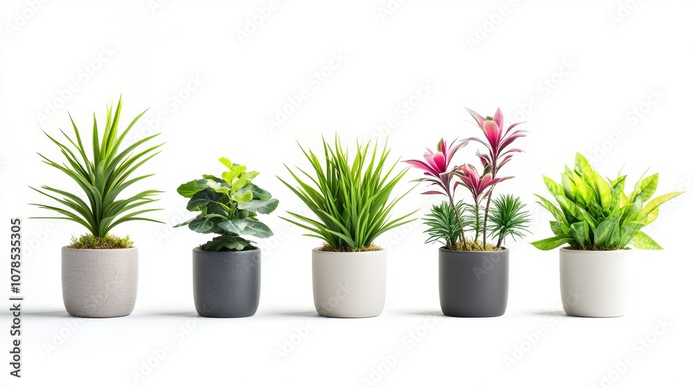 different house flowers in minimalist pots isolated on white background different house flowers in minimalist pots isolated on white background
