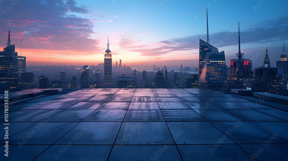 Twilight city skyline behind an empty square floor in a rooftop setting AI generated illustration