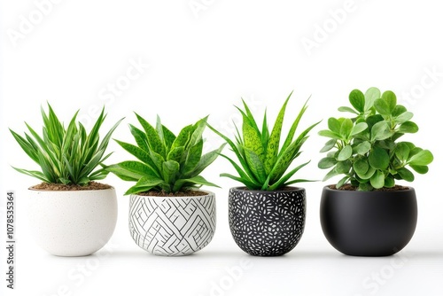 different house flowers in minimalist pots isolated on white background photo