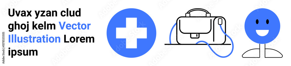 Medical cross, bag with a shoulder strap, and happy face in blue and white. Ideal for healthcare, education, websites, advertisements, print materials, presentations, branding. Landing page Medical cross, bag with a shoulder strap, and happy face in blue and white. Ideal for healthcare, education, websites, advertisements, print materials, presentations, branding. Landing page