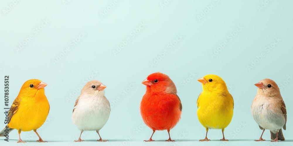 Fototapeta premium Colorful canaries standing in a row on a mint green background.