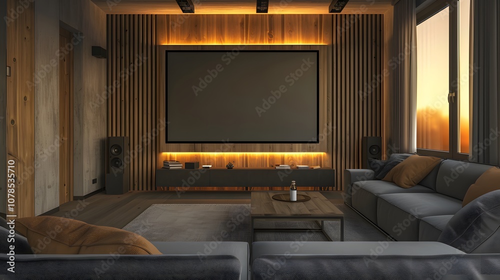 Ultramodern minimalistic framed cinema poster in a woodthemed room AI generated illustration Ultramodern minimalistic framed cinema poster in a woodthemed room AI generated illustration