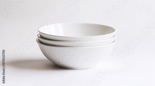 Stack of three empty white ceramic bowls on white background. Clean, simple, and minimalist design. Perfect for modern kitchen or dining table.