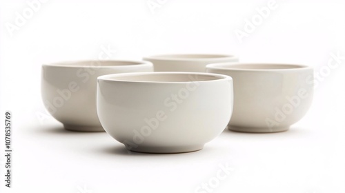 Four pristine white ceramic bowls, perfect for minimalist dining. Ideal for serving snacks, desserts, or small meals. Elegant tableware for modern kitchens.