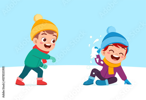 little kid play snow with friend and feel happy