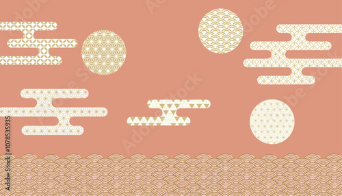 海　波のある和風背景イラスト