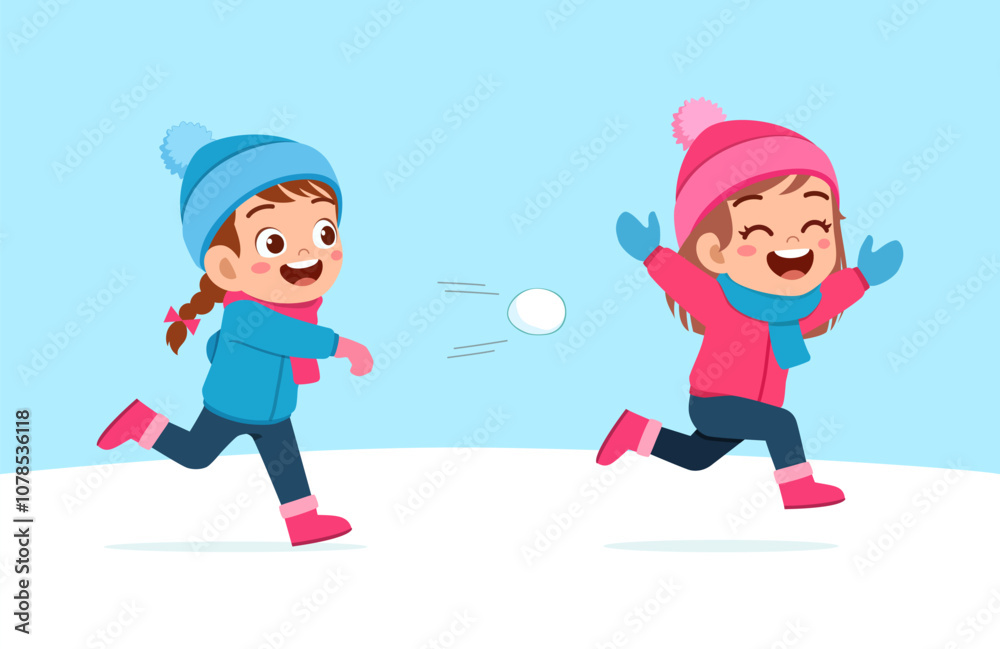 little kid play snow with friend and feel happy little kid play snow with friend and feel happy