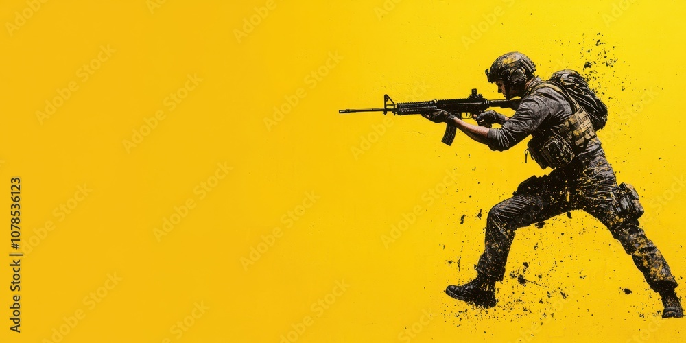 Dynamic soldier in action on a vibrant yellow background, showcasing bravery and strength. Dynamic soldier in action on a vibrant yellow background, showcasing bravery and strength.