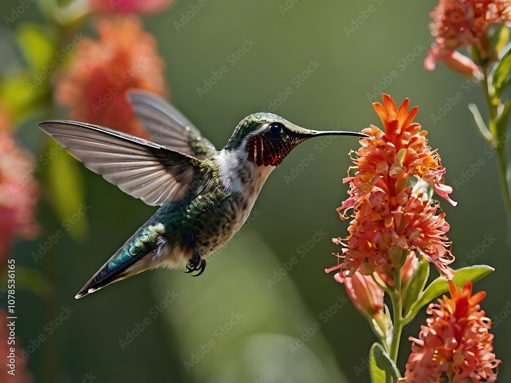 Obraz premium Hummingbird in Flight Feeding from Red Flower