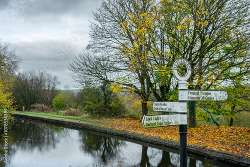 Signs indicating distance at the Hazlehurst junction on the Caldon canal, Staffordshire, England, UK. photo