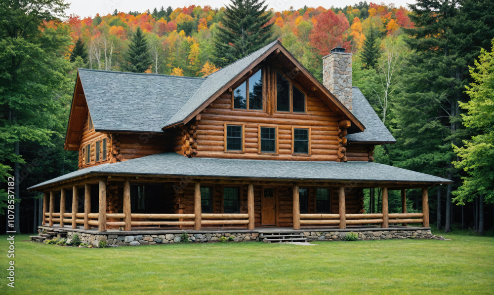 Fototapeta premium A cozy log cabin nestled amidst a picturesque forest, showcasing the vibrant hues of autumn foliage