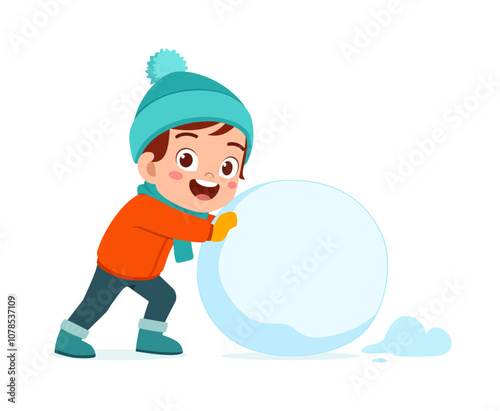 little kid build snowman and feel happy