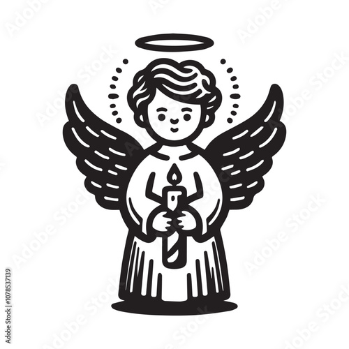 Serene Angel Holding a Candle: A Symbol of Hope and Guidance. This black and white illustration features a graceful angel holding a lit candle.