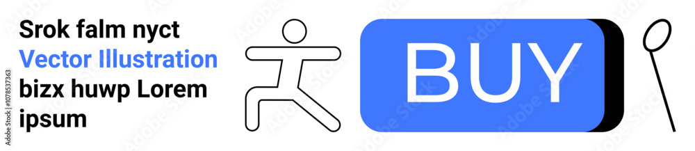 Abstract figures, large blue BUY button, text elements. Ideal for e-commerce, call-to-action, marketing, user interaction, digital ads, website design, online stores. Landing page Abstract figures, large blue BUY button, text elements. Ideal for e-commerce, call-to-action, marketing, user interaction, digital ads, website design, online stores. Landing page