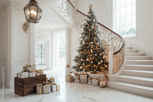 Gran entrada auna lujosa casa clasica con escalera antigiua, con decoracion navideña de arbol de navidad, cajas de regalos, arcon de madera y faroles metalicos photo