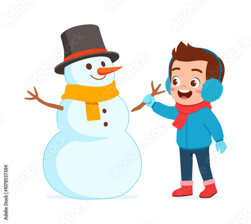 little kid build snowman and feel happy