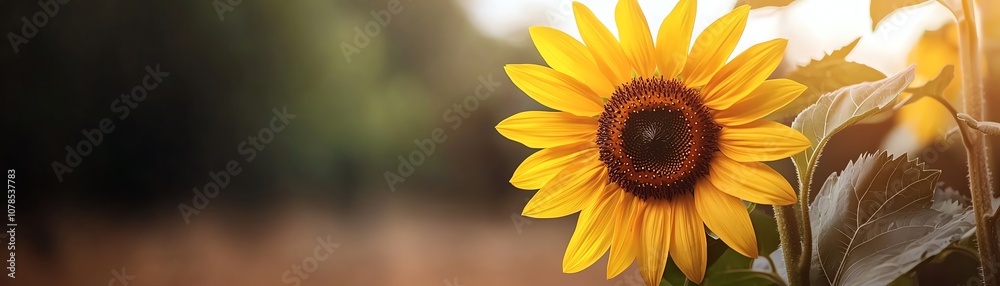 Naklejka premium A vibrant sunflower radiating beauty in a sunlit field, symbolizing warmth and joy.