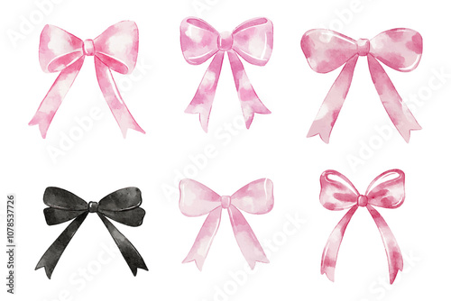 Vector watercolour bows set. Pink coquette bows isolated on white background.