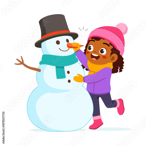 little kid build snowman and feel happy