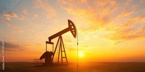 Oil pump silhouette against a stunning sunset backdrop. photo