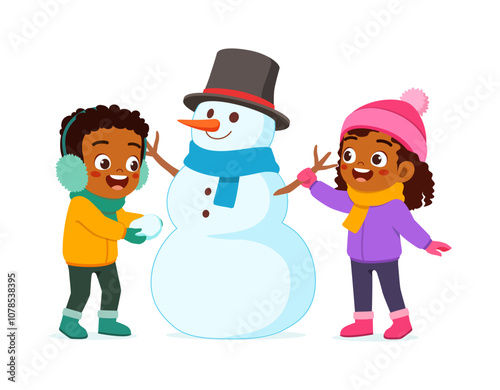 little kid build snowman with friend and feel happy