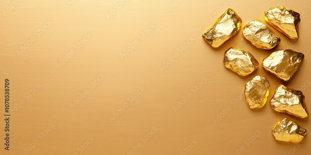 Shimmering gold nuggets on a smooth golden background, symbolizing wealth and prosperity. Shimmering gold nuggets on a smooth golden background, symbolizing wealth and prosperity.